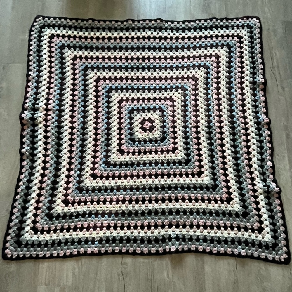 Large Crocheted Afghan Granny Throw Blanket Pink Gray White Blue Handmade 52X52